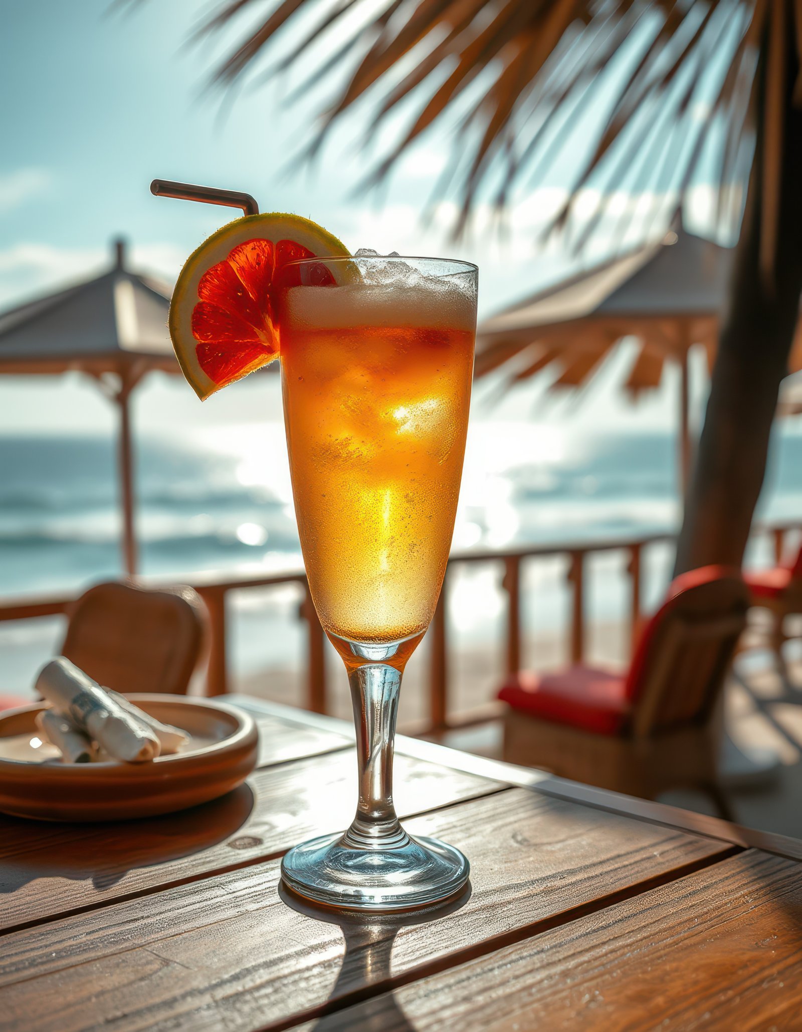 Refreshing tropical drink on a beachfront table during sunset with gentle waves in the background